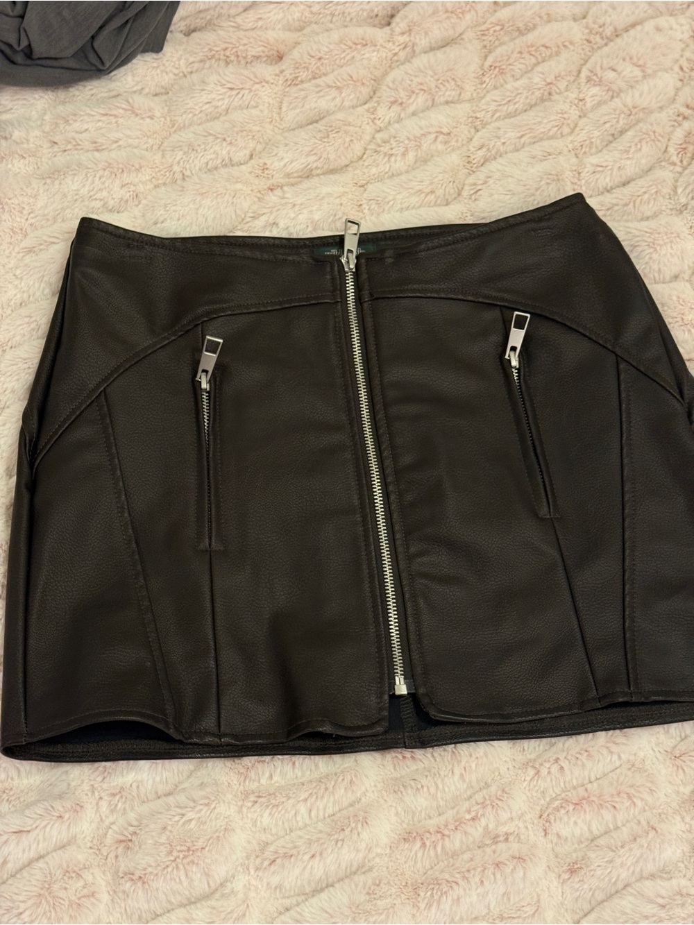 Dark Brown Faux Leather Mini Skirt with Front Zippers